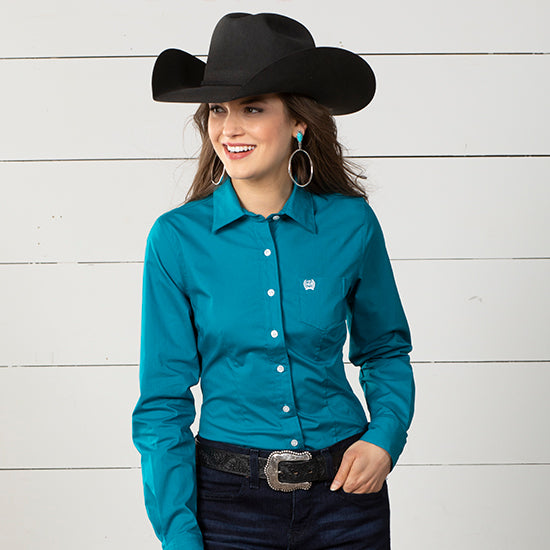 Cinch Women's Solid Teal Long Sleeve Button Down Shirt