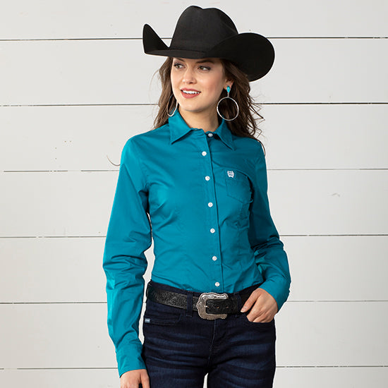 Cinch Women's Teal Solid Button Front Long Sleeve Western Shirt