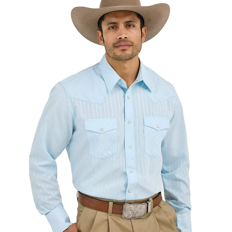 Wrangler Men's Blue Western Dobby Striped Shirt