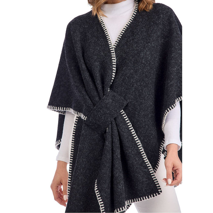 Mud Pie Women's Hayword Black Blanket Stitch Poncho