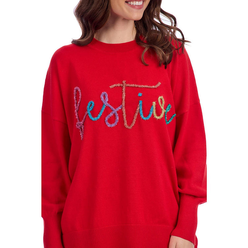 Mud Pie Women's Festive Red Sparkle Sweater