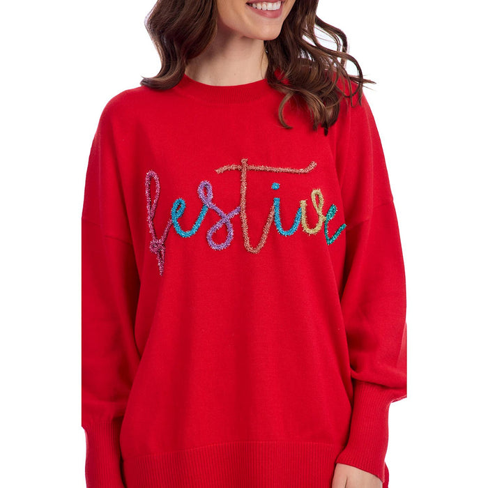 Mud Pie Women's Festive Red Sparkle Sweater