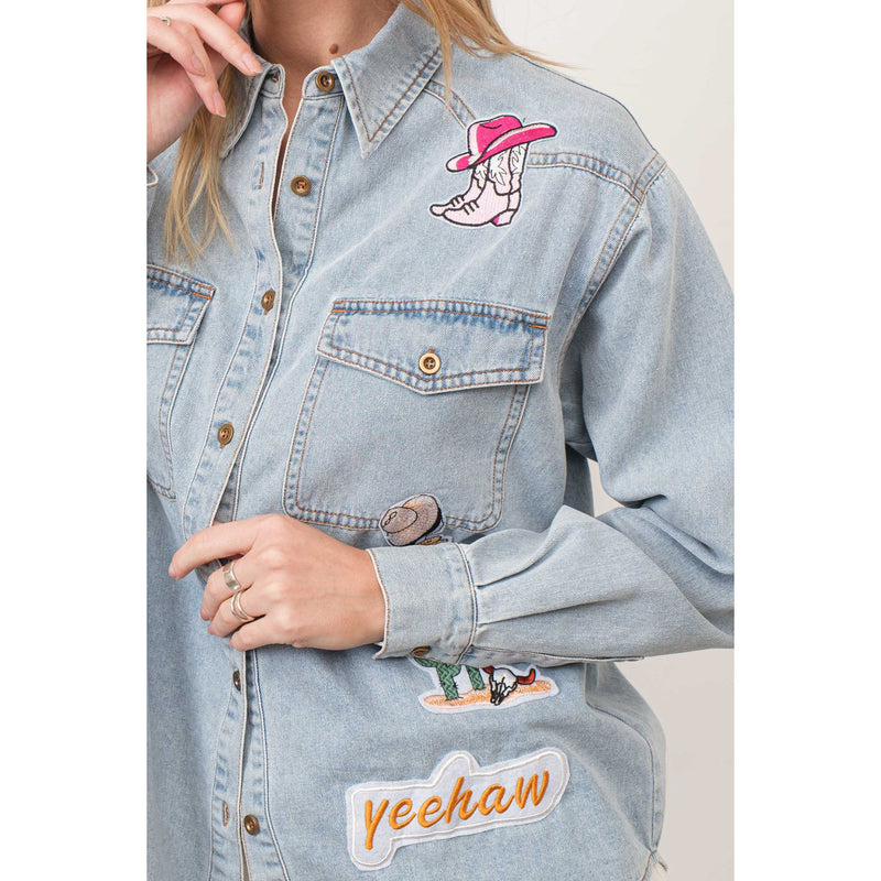 Blue B Womens Light Wash Chambray Patch Shirt