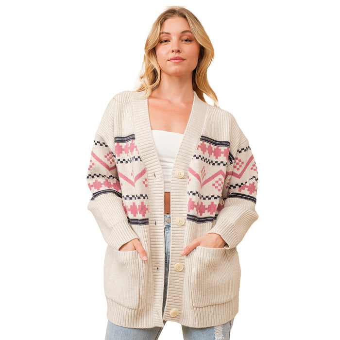 Blue B Women's Oat Pink Aztec Sweater Cardigan