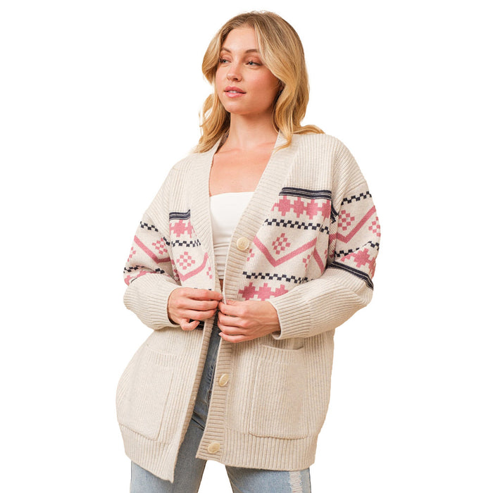 Blue B Women's Oat Pink Aztec Sweater Cardigan