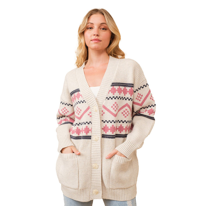 Blue B Women's Oat Pink Aztec Sweater Cardigan