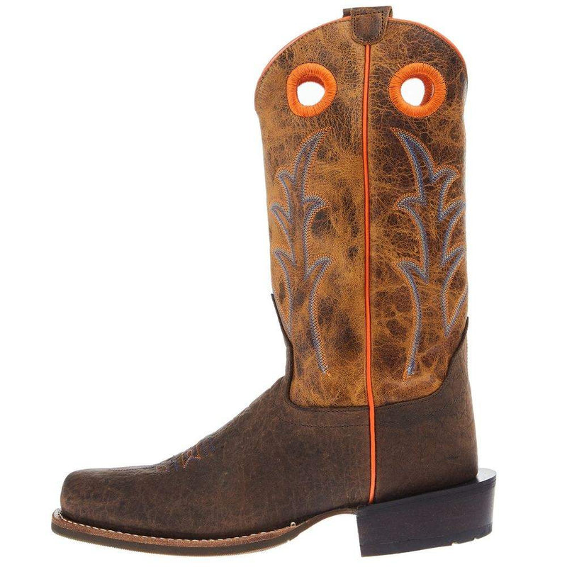 Old West Youth Dark Brown Bull Hide Print Cutter Toe with Burnt Orange Top