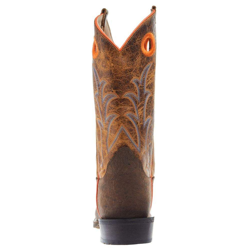 Old West Youth Dark Brown Bull Hide Print Cutter Toe with Burnt Orange Top
