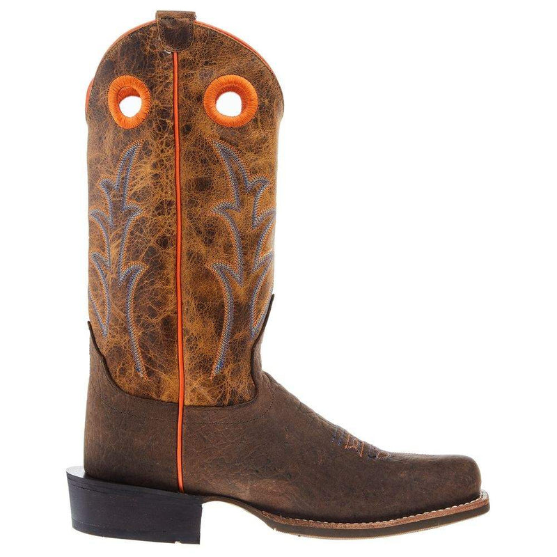 Old West Youth Dark Brown Bull Hide Print Cutter Toe with Burnt Orange Top