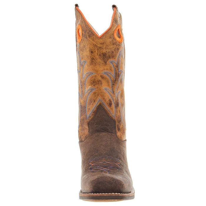 Old West Youth Dark Brown Bull Hide Print Cutter Toe with Burnt Orange Top
