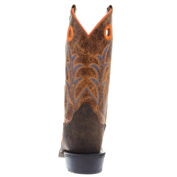 Old West Childrens Dark Brown Bull Hide Print Cutter Toe with Burnt Orange Top Boot