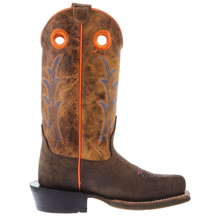 Old West Childrens Dark Brown Bull Hide Print Cutter Toe with Burnt Orange Top Boot