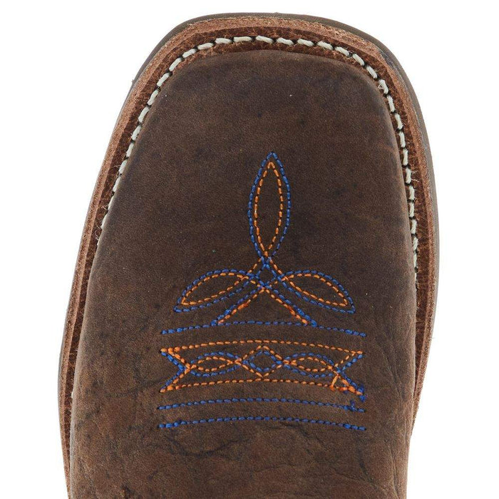 Old West Childrens Dark Brown Bull Hide Print Cutter Toe with Burnt Orange Top Boot
