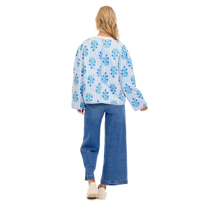 Mud Pie Women's Blue Floral Teller Quilted Jacket