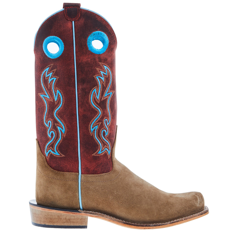 Old West Youth Camel Suede Cutter Toe with Cloudy Red Shaft and Leather Outsole Boot