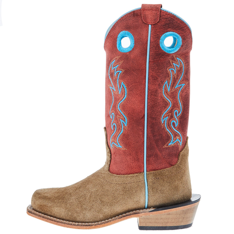 Old West Childrens Camel Suede Cutter Toe with Cloudy Red Shaft and Leather Sole Boot