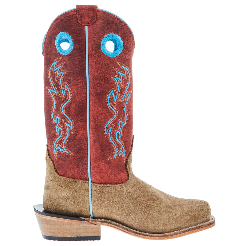 Old West Childrens Camel Suede Cutter Toe with Cloudy Red Shaft and Leather Sole Boot
