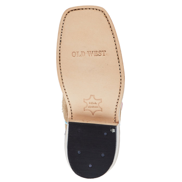 Old West Childrens Camel Suede Cutter Toe with Cloudy Red Shaft and Leather Sole Boot