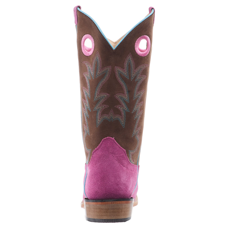 Old West Youth Pink Suede w/ Chocolate Shaft and Leather Sole Boot