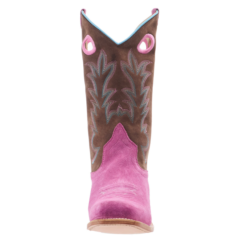 Old West Youth Pink Suede w/ Chocolate Shaft and Leather Sole Boot