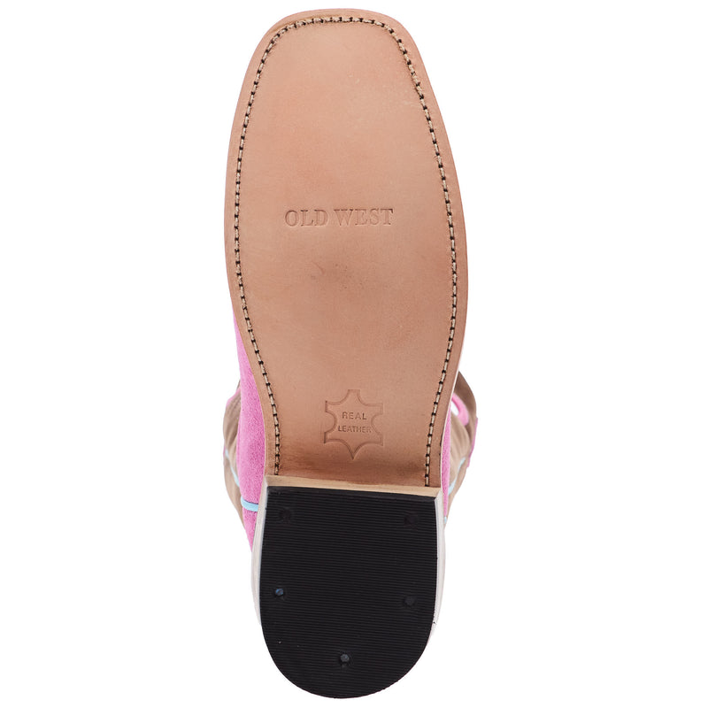 Old West Youth Pink Suede w/ Chocolate Shaft and Leather Sole Boot