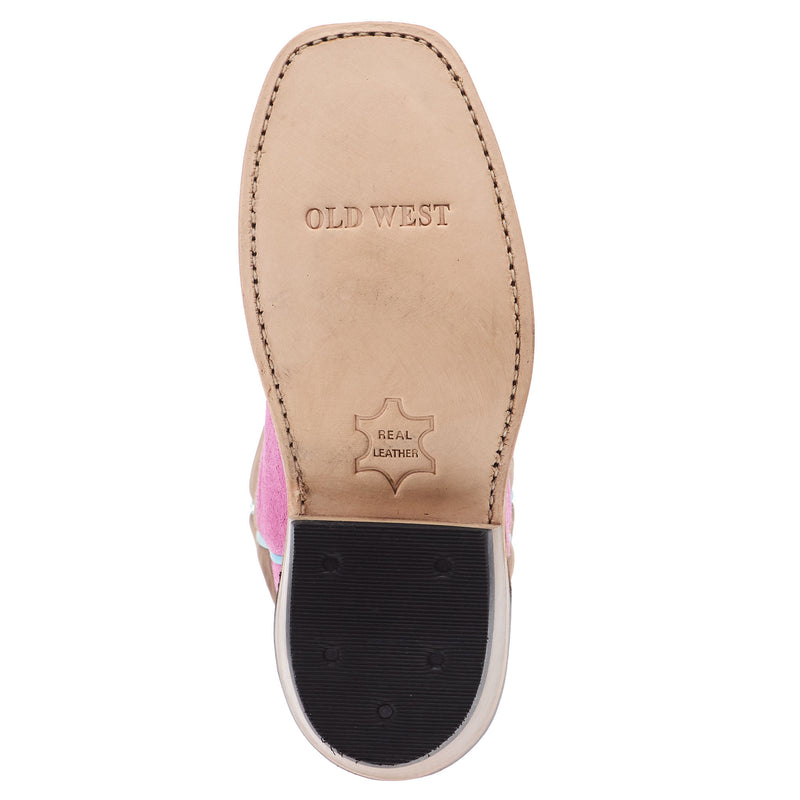 Old West Children`s Pink Suede w/ Chocolate Shaft and Leather Sole Boot