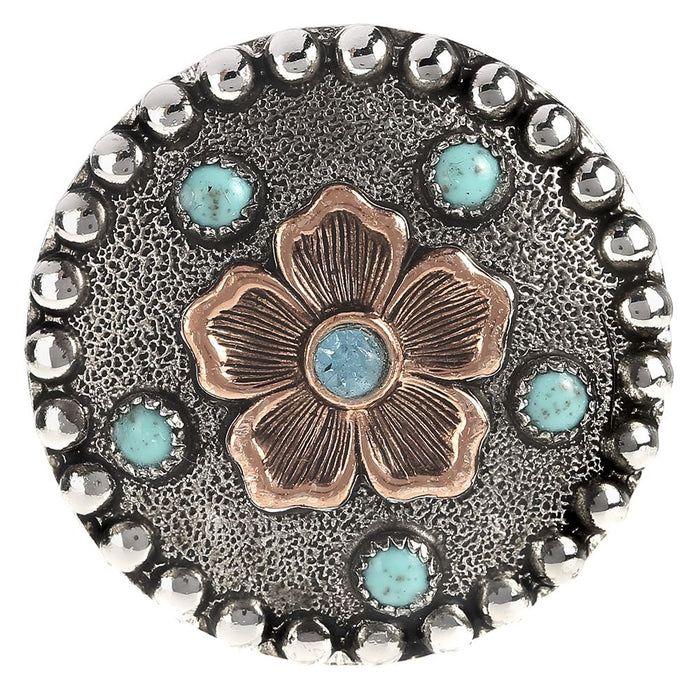 Copper Flower with Turquoise Stone and Crystal 1 1/2 Inch Concho