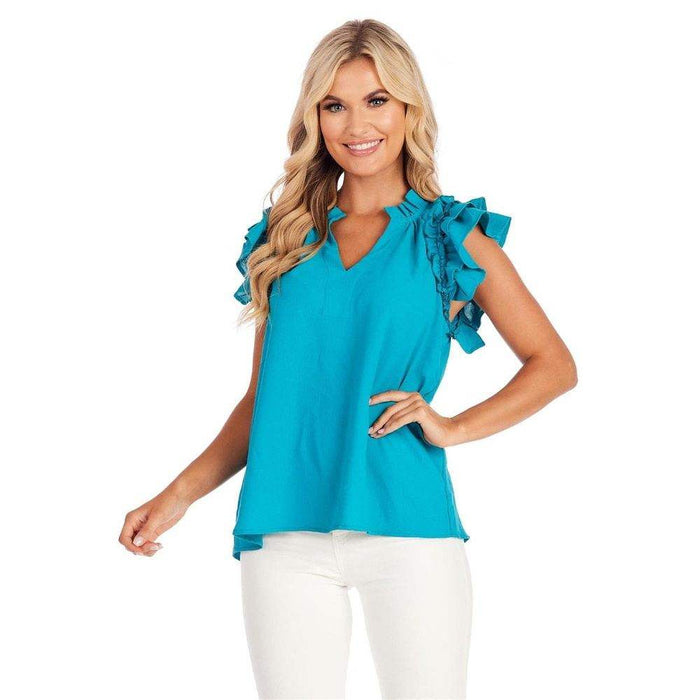 Mud Pie Women's Teal Dahlia Ruffle Top