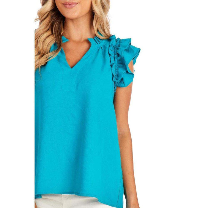 Mud Pie Women's Teal Dahlia Ruffle Top