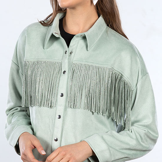 Rock & Roll Denim Mint Studded Fringe Top