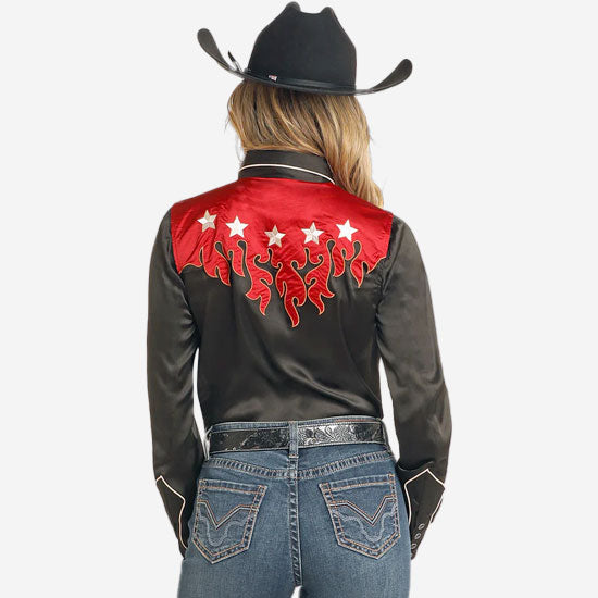Rock & Roll Denim West Desperado Retro Flame Embroidered Shirt