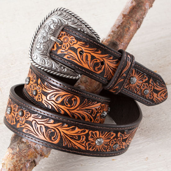 Gem Dandy Accessories Women's Brown Flower Tooled Belt