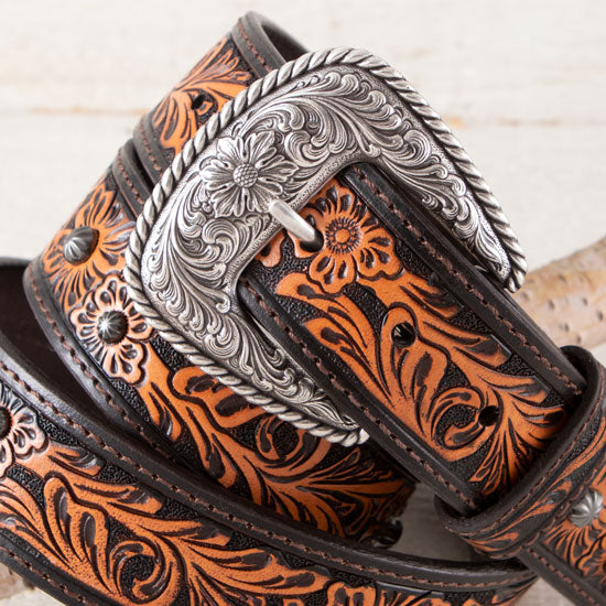 Gem Dandy Accessories Women's Brown Flower Tooled Belt