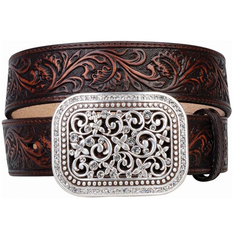 Women's Ariat Rhinestone Filigree Brown Tooled Belt