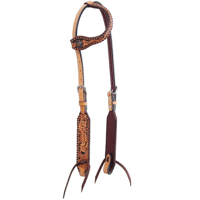 Floral and Brown Whipstitch Single Ear Headstall