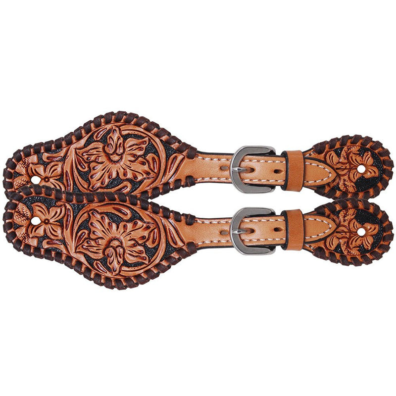Floral and Brown Whipstitch Youth Spur Straps