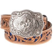 Boys Brown Belt With Blue Inlay Scroll