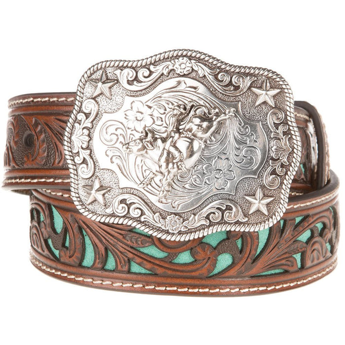 Boys Brown Belt With Turquoise Inlay Scroll