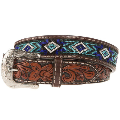 Western Fashion Mens Brown Belt With Blue And Turquoise Beading XIBB10