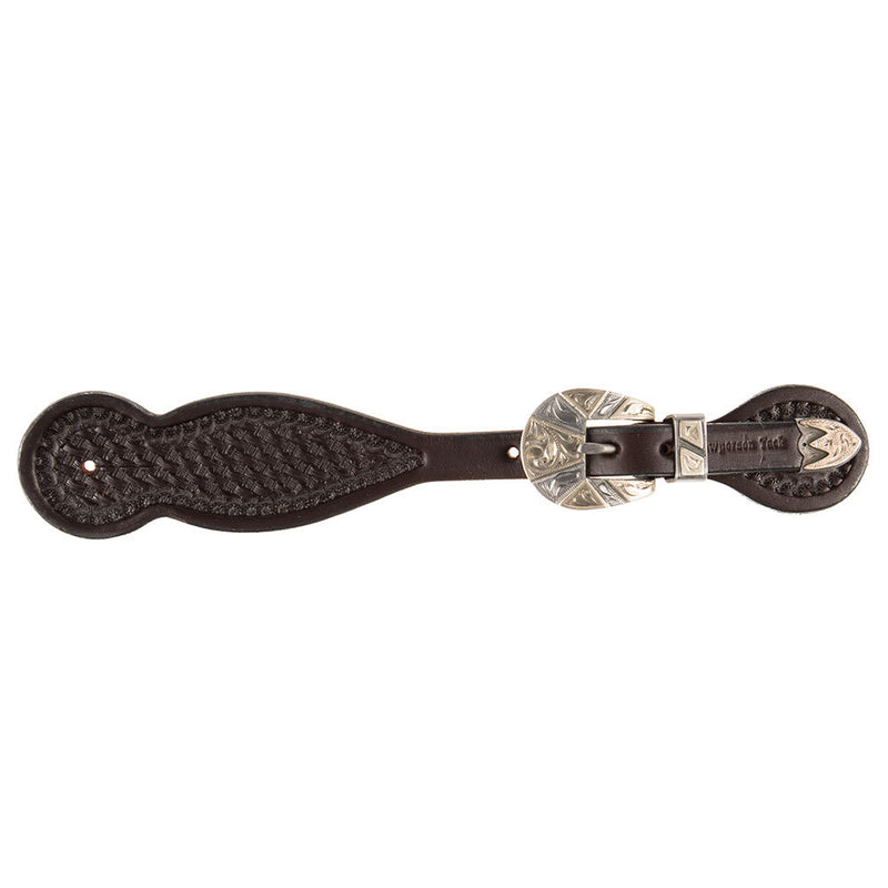 Dark Basket Stamped Spur Straps with a Silver Bar Heel Buckle Set