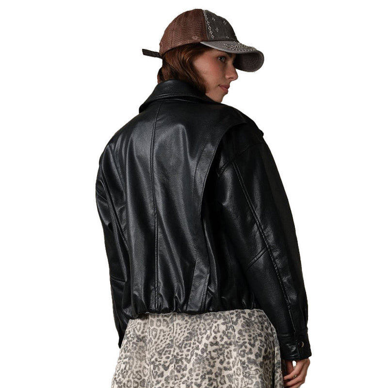 Blue B Women's Black High Collar Faux Leather Jacket