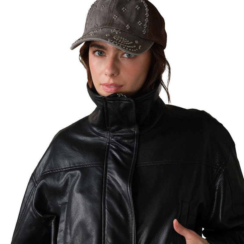 Blue B Women's Black High Collar Faux Leather Jacket