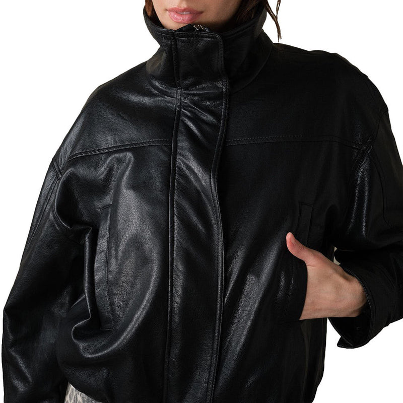 Blue B Women's Black High Collar Faux Leather Jacket