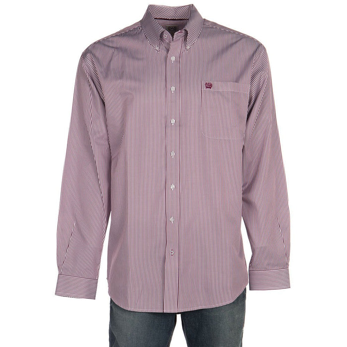 Mens Burgundy Tencel Stripe Long Sleeve Button-down Shirt