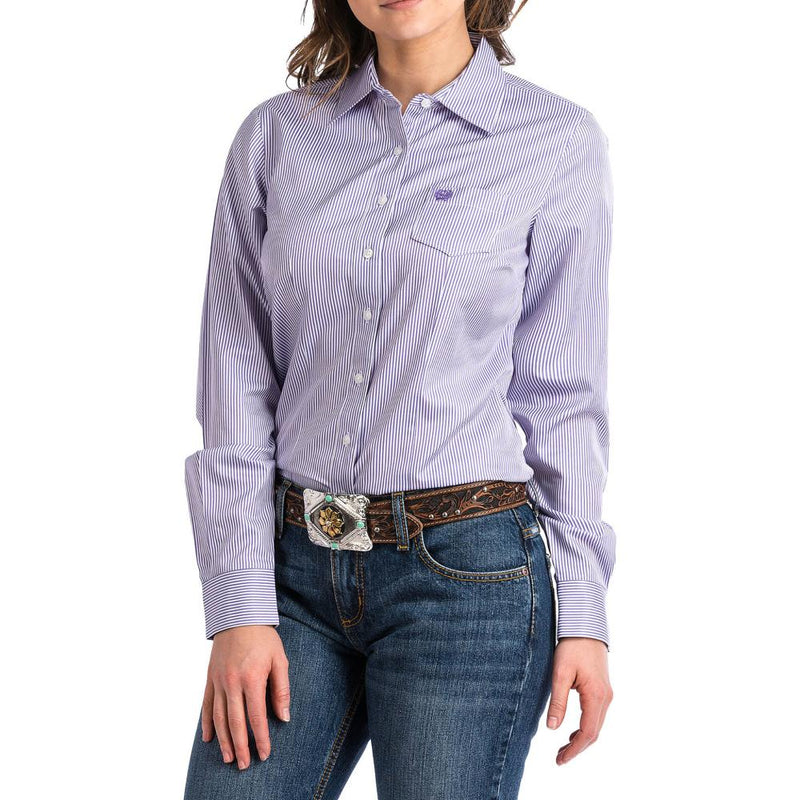 Ladies Purple Stripe Tencel Button Down