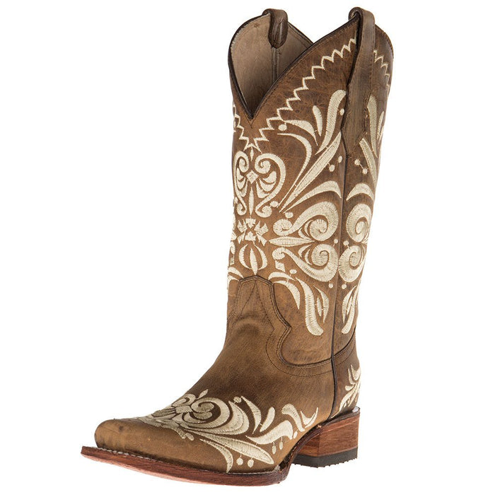Womens Tan Embroided Square Toe Boots