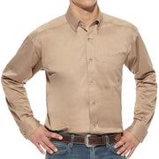 Mens Solid Twill Buttondown Long Sleeve Khaki Shirt