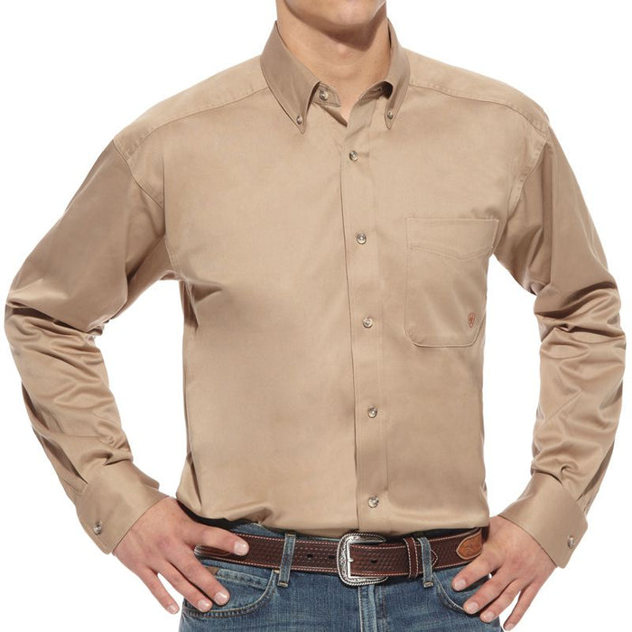 Mens Solid Twill Buttondown Long Sleeve Khaki Shirt