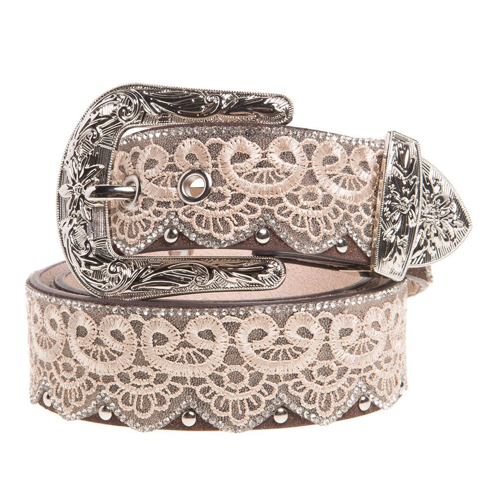 Women's 1 1/2` Brown/Tan Lace Belt w/Clear Studs