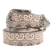 Women's 1 1/2` Brown/Tan Lace Belt w/Clear Studs